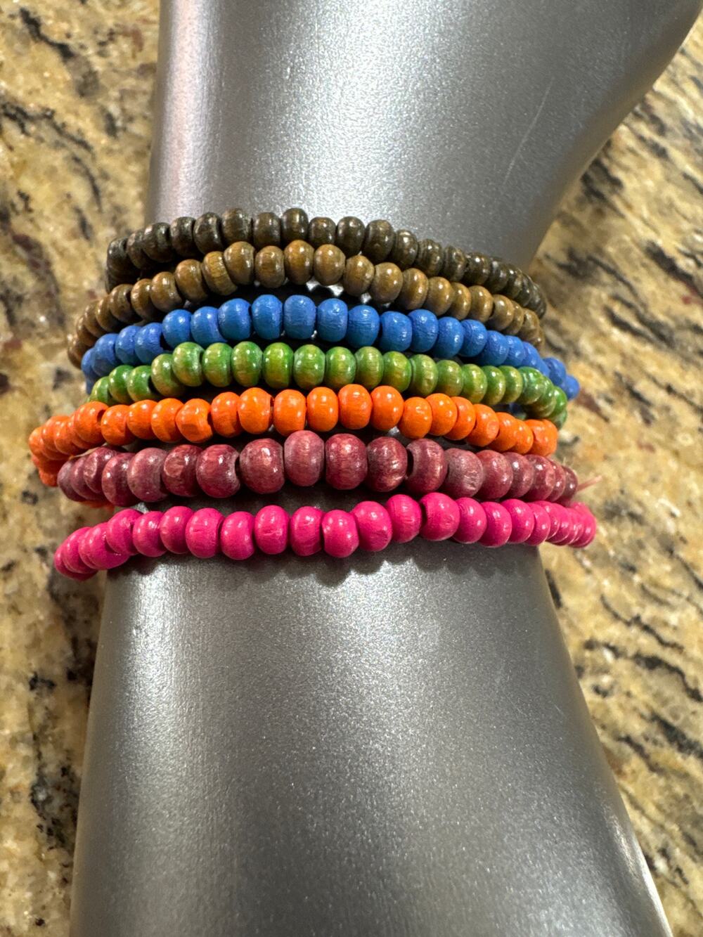 7 Multicolor, Stretch, Wooden Bead Bracelets Wear Separately Or Mix and Match